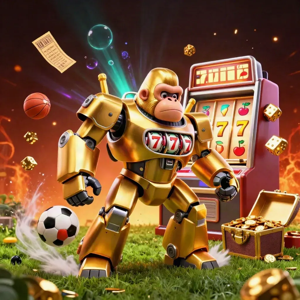 Golden gorilla mech bursts with reels, balls, dice, chest, and cyan-purple glow.