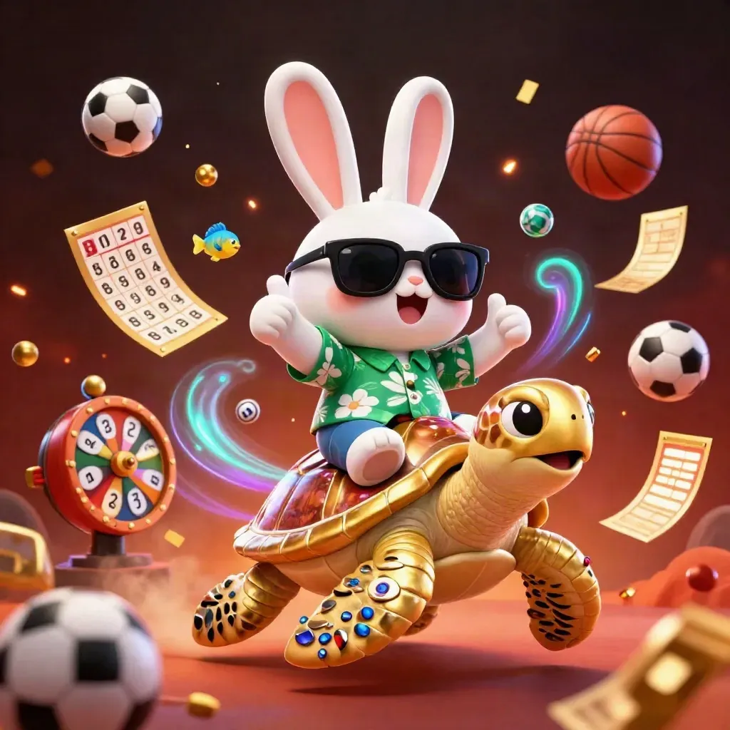 Lucky rabbit on gem-shell turtle amid lottery balls, wheel, and casino glows.