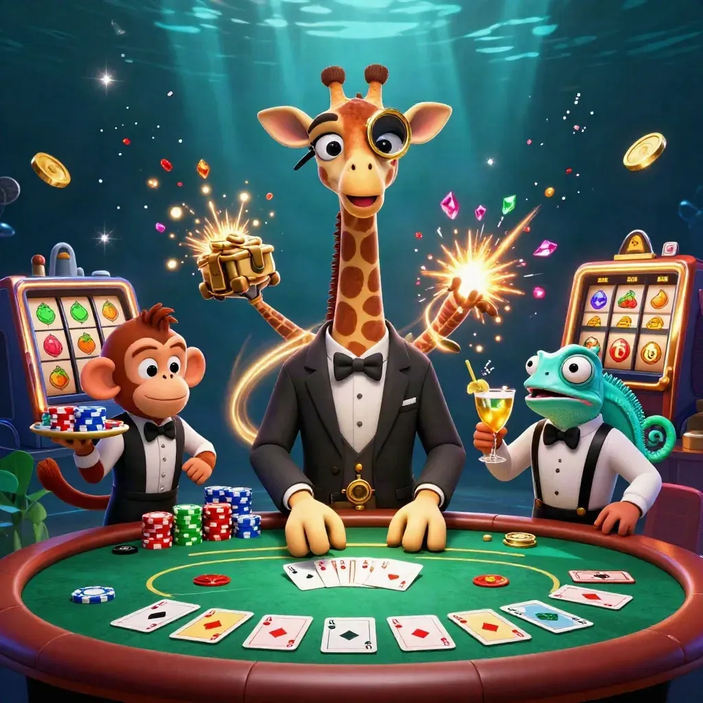 Giraffe, monkey, and chameleon at a glowing poker table with chips, aces, and casino sparks