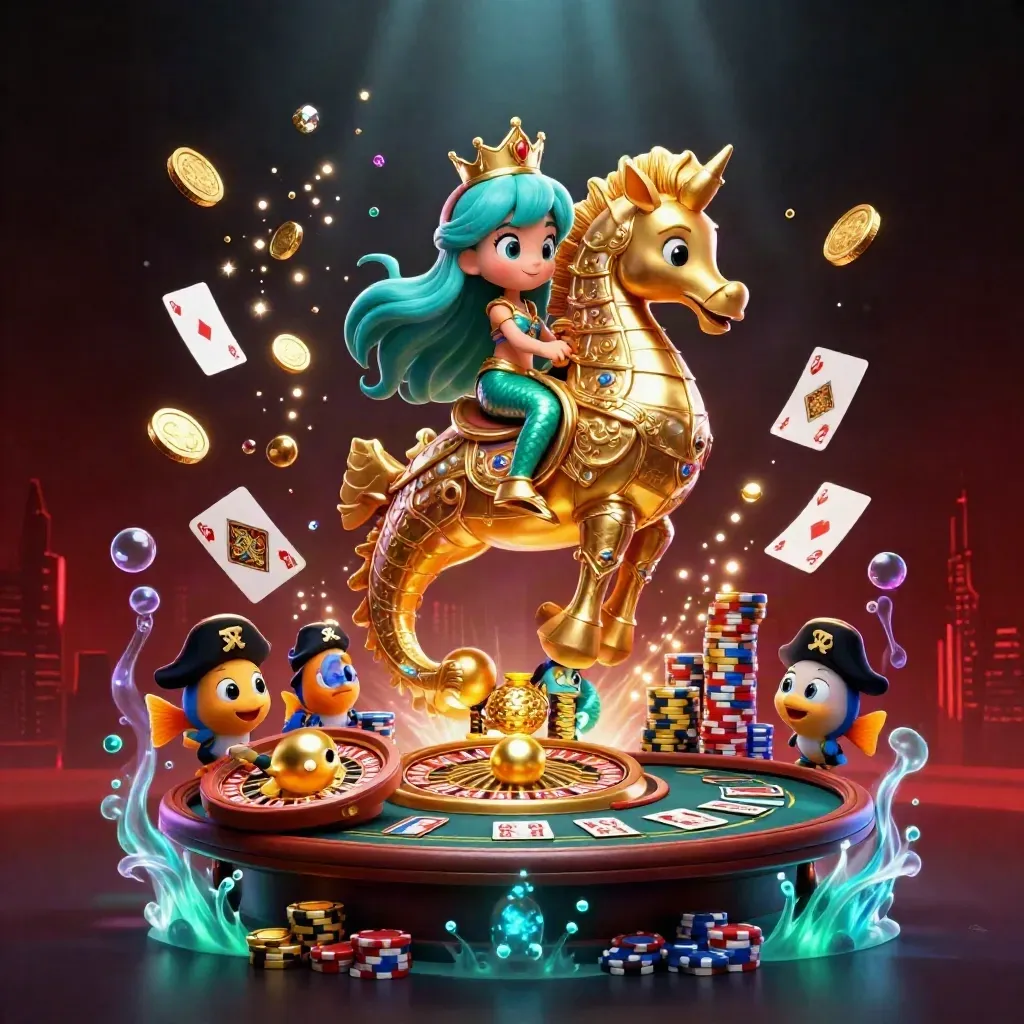 Mermaid princess on armored seahorse amid coins, chips, cards, roulette and neon vault glow