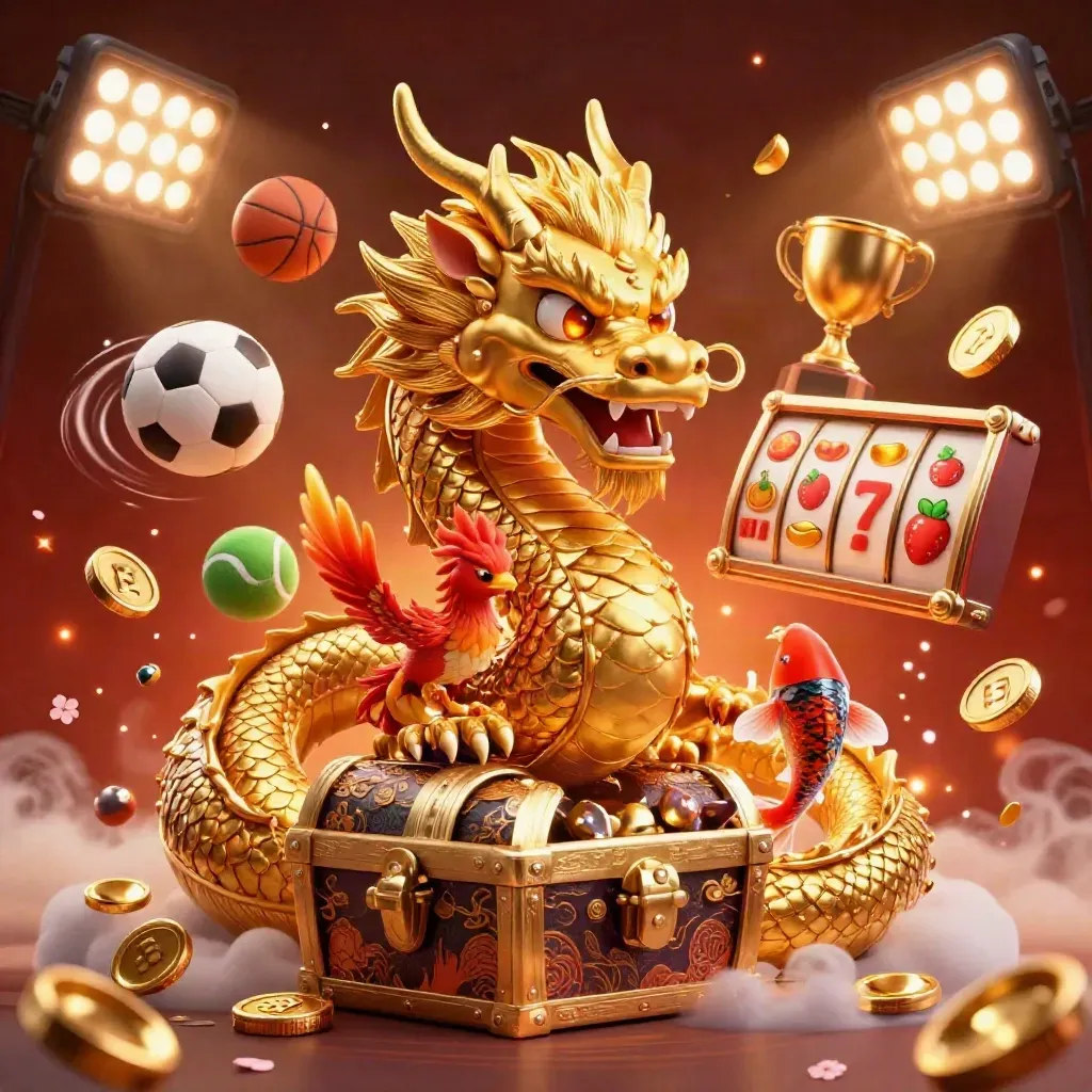 Golden dragon, phoenix, koi, and casino treasure burst amid sports balls and glowing icons.